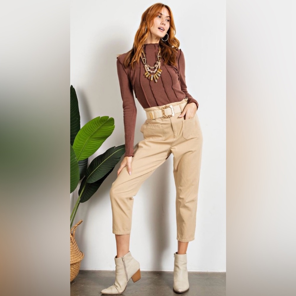 E15. Easel High Waist Cotton Twill Khaki Beige Cropped Pants NWT